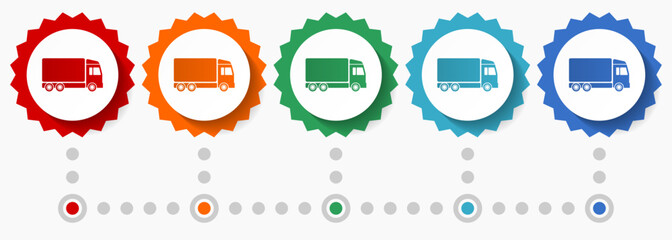 Fototapete - Truck, delivery vector icon set, colorful infographic template, set of flat design badge icons in 5 color options