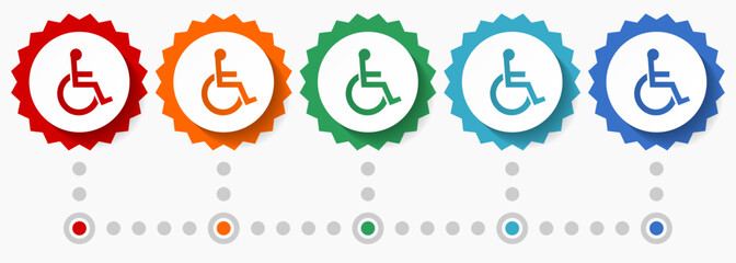 Poster - Wheelchair, disabled vector icon set, colorful infographic template, set of flat design badge icons in 5 color options