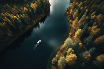 Wall Mural - a bird's-eye view of a boat floating down a river, with the forest on both sides Generative AI