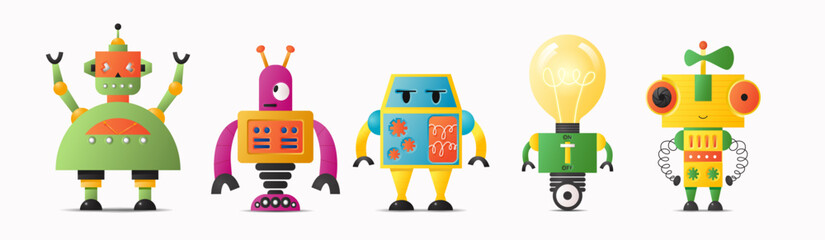 Set of cute vector robot characters for kids. 4 funny vintage style robotics