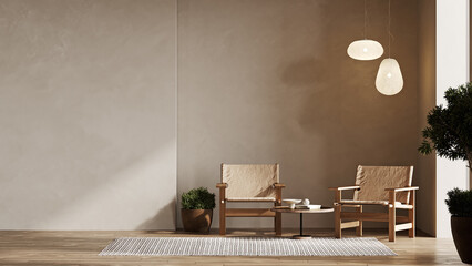 Wall Mural - minimalist modern living room interior background with armchair, living room mock up in japandy styl