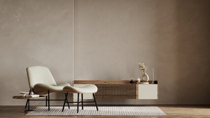 beige contemporary minimalist interior with armchair, blank wall, coffee table and decor. 3d render 