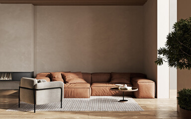 Minimalist living room interior with modern fireplace, armchair and beige plasters walls. Interior mockup, 3d render