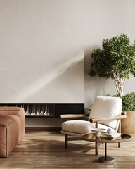 Wall Mural - modern living room interior in beige tones with sofa, armchair, and coffee table, 3d render