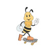 Retro rubber hose cartoon bee character on skate board vector illustration. Cool groovy bumblebee personage print design.