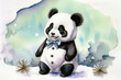 Cute giant panda baby on snow in the winter time. Animal illustration painting, generative ai.