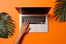 Keyboard Office Simplicity Business Computer Leaf Laptop Orange Hand Palm Background. Generative AI.