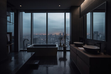 Modern high-tech bathroom interior in a skyscraper apartment. View of the night megalopolis from the window. Photorealistic illustration generative AI.