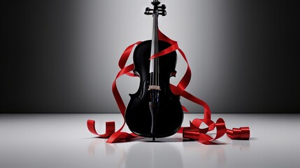 Wall Mural -  a violin with a red ribbon around it and a bow on the back of the violin, on a gray background with a black background.  generative ai