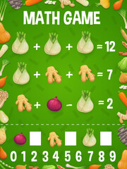 Math game worksheet, cartoon ginger and onion vegetables, vector mathematics quiz. Math game puzzle for addition and subtraction calculation skills training with ginger, shallot and red onions