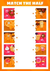 Poster - Match the half of cartoon bakery, sweets and dessert characters. Vector game worksheet with funny confectionery personages donut, cake, pretzel and pie. Cupcake, meringue or baba with croissant