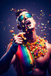 © Davidbenito - Studio photo of young man with long hair, bare-chested, lgtb rainbow, with streamers and holi powder floating, on dark background. Party concept, rainbow celebration, lgtbi, gay.AI generated image