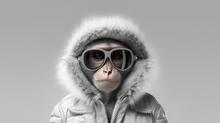  a monkey wearing sunglasses and a jacket with a hood on it's head and a fur lined hood on its head, with a hood on.  generative ai