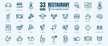 Restaurant Vector Line Icons Set. Food Icon Collection. Thin Signs For Restaurant Menu. Pixel Perfect 64x64. Editable Strokes