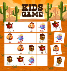 Poster - Sudoku game cartoon fruit cowboy, ranger, sheriff and robber characters. Kids vector riddle with plum, mandarin and kiwi western comic personages on board. Children task, teaser recreation, boardgame