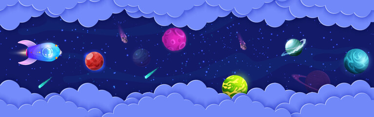 Poster - Space paper cut flying rocket, planets and asteroids in galaxy universe. Cartoon vector shuttle travel in starry cosmos with 3d papercut wavy frame. Spaceship in futuristic cosmic trip in alien world