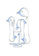 Linear illustration of birds, watercolor, family artistic concept.  Sleepy swans. Blue details. Png.