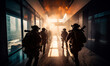 © Vadim - Soldier troop is inside the building. Armed men from swat forces having a mission in the city area. Generative AI.