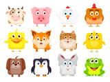 Fototapeta Pokój dzieciecy - Cartoon kawaii square animal faces of cute pets. Vector kawaii smile faces of baby cat, rabbit and pig, happy cartoon animal characters with smile, dog and chick, cow, piglet and bunny