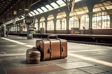 forgotten luggage in an old train station. generative ai