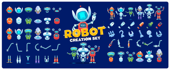 Fototapete - Robot creation kit. Cartoon character constructor and animation asset. Vector set of editable droid arms, legs, bodies and head elements. Artificial intelligence machines and cyborg personages creator