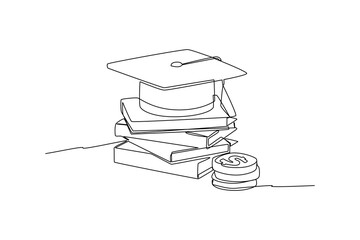 Continuous one-line drawing pile of books, graduation cap, and money. Financial literacy concept single line drawing design graphic vector illustration