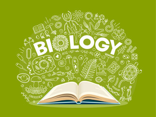 Wall Mural - Biology textbook, outline science symbols on school board. Vector scientific educational background with open book and thin line signs of plants, cells under microscope, animals, mushrooms and insects