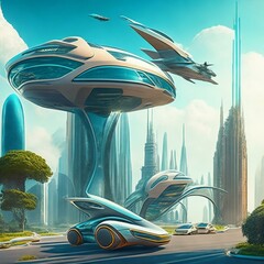 Flying cars in futuristic city. Modern architecture. ecological city