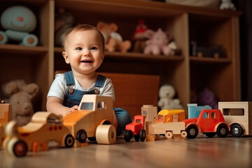 A baby sitting on the floor in front of toys