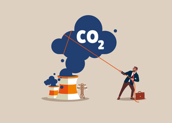 Businessman pulling the Carbon, Reducing CO2 Level. Stop air pollution, co2 , ecological problems. Cutting harmful industry emissions. Modern vector illustration in flat style