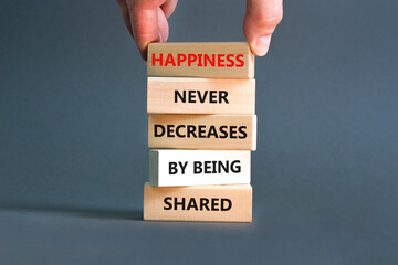 Wall Mural - Happiness symbol. Concept words Happiness never decreases by being shared on wooden block. Businessman hand. Beautiful grey table grey background Motivational Happiness concept. Copy space.