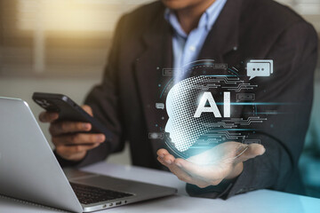 Aufkleber - Business man using digital chatbot application Artificial Intelligence (AI). Futuristic technology transformation by entering command prompt for artificial intelligence.