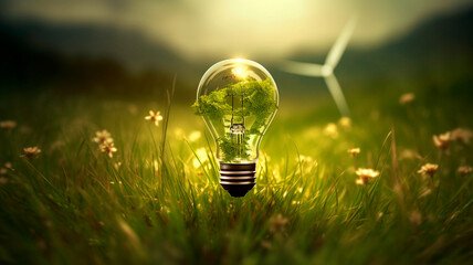 Green Energy Revolution: Light Bulb Symbolizing Renewable Sources and Sustainable wind energy. Generative AI