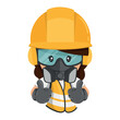 Construction woman industrial worker with his personal protective equipment, helmet, respirator mask, glasses, earmuffs, with a thumbs up. Industrial safety and occupational health at work