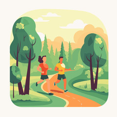 An illustration depicts a couple running together in a park. The scene features a flat vector landscape with green trees, a jogging path, and two energetic runners. It symbolizes a healthy lifestyle a