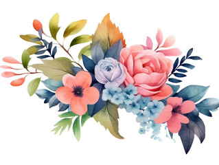 Wall Mural - Collection of watercolor flower floral natural elements on transparent background, AI generated