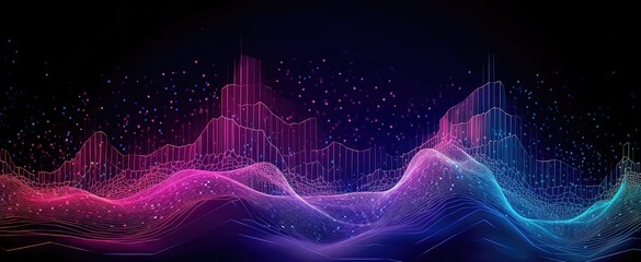Wall Mural - abstract shiny wave background in purple, pink and blue lights. digital luxury sparkling wave partic