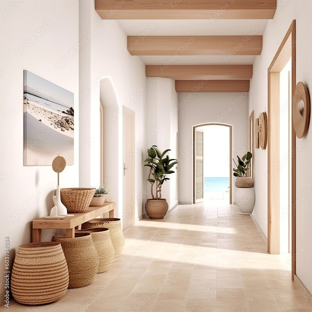 Coastal interior design of modern entrance hall with louvered door and ...