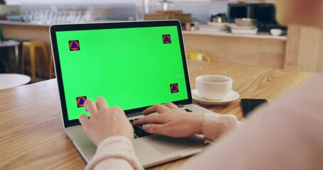 Wall Mural - Woman, hands and laptop green screen typing at cafe in small business advertising with tracking markers. Female person in remote work on computer, chromakey or mockup display at coffee shop on space