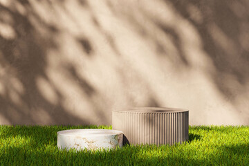 Poster - 3D rendering platform podium with grass plant product presentation background