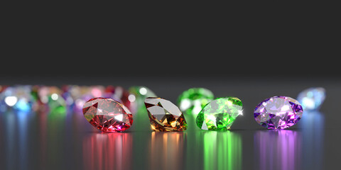 Poster - Colorful Gemstones placed on glossy reflection background, 3d rendering soft focus