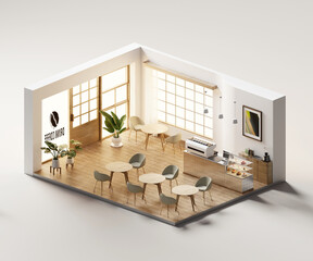 Poster - Isometric view minimal cafe store open inside interior architecture, 3d rendering digital art.