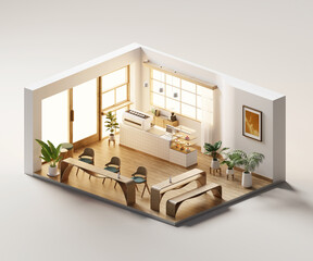 Wall Mural - Isometric view minimal cafe store open inside interior architecture, 3d rendering digital art.