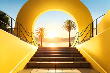 abstract sunny yellow background with shadows and bright sunlight. Minimal showcase scene with stairs and round arch for product presentation