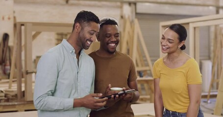 Sticker - Carpenter, team and tablet for planning in a workshop while talking manufacturing, wood and design. Men and a woman with tech for creative carpentry process, production and teamwork idea on project