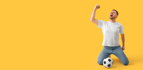 Poster - Happy screaming man with soccer ball on yellow background with space for text