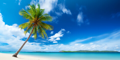 A beautiful palm tree on the beach of a tropical island against the blue sky with white clouds and turquoise ocean on a sunny day. Perfect natural landscape for summer vacation. Generative AI.