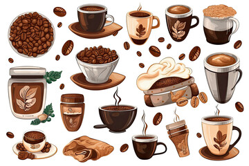 Wall Mural - Watercolor Coffee elements menu objects isolated on white background, various coffee cups in cafe shop, morning drinks espresso, cappuccino, delicious beverages clipart set, with Generative Ai.