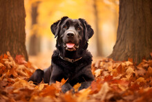 A Black Dog Laying In The Leaves Of A Tree