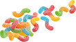 Falling sour gummy worms isolated on white background, full depth of field